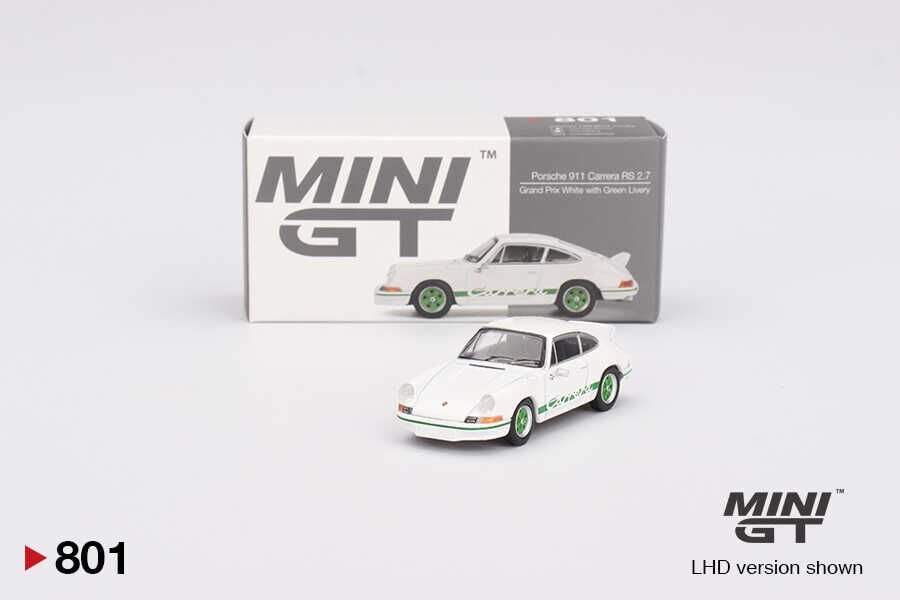 Mini GT 1/64 Porsche 911 Carrera RS 2.7 Grand Prix White with Green Livery MGT00801